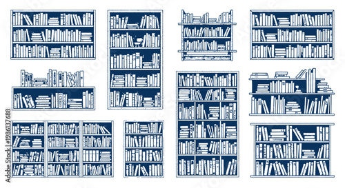 Collection of Vintage Bookshelf Illustrations, Blue on White Background