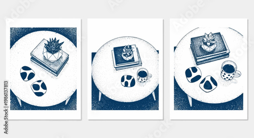 Cozy Corner: Coffee, Books, and Plant on Round Table - Top View