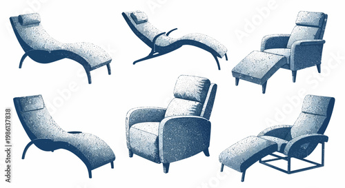 Collection of Diverse Recliner Chairs and Chaise Lounges, Retro Style