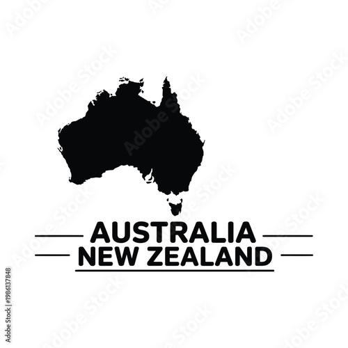 A stark black silhouette of australia and new zealand with text beneath the shapes