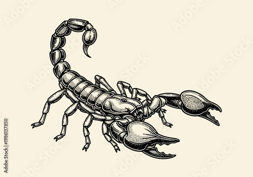Hand Drawn Scorpion Illustration in Vintage Engraving and Stippling Style; Detailed Black and White Arachnid for Tattoo Design or Logo