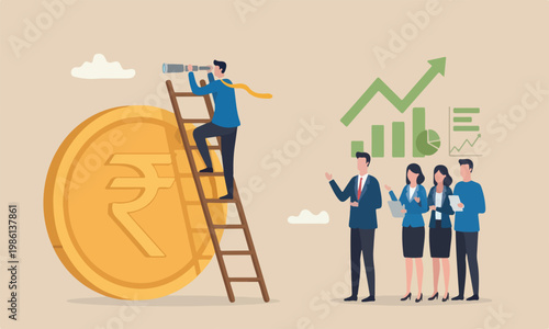 forecast or profit concept, smart businessman leader climb up ladder on Indian rupee money coin with telescope look for vision