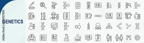 Genetics and DNA research line icons set for science and medical design