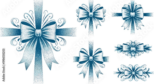 Elegant Teal Bows and Ribbons Collection, Stippled Design, Isolated