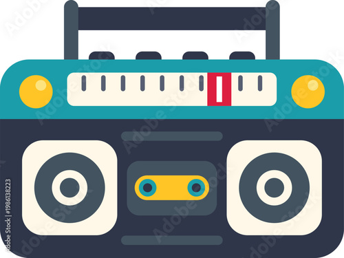 Flat design illustration of a vintage boombox with radio and cassette player