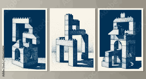 Abstract building blocks sculptures in dark blue and white