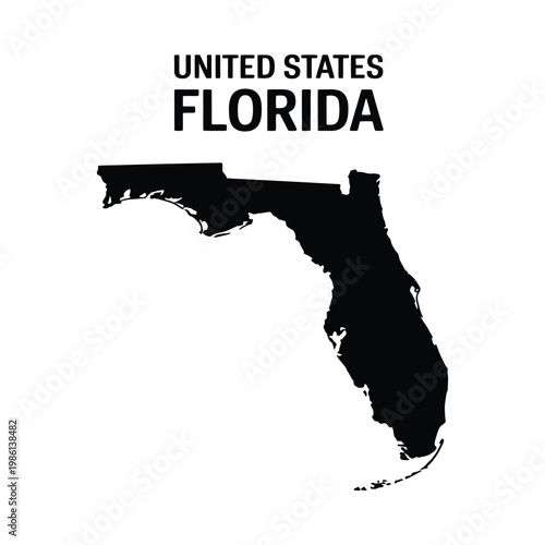 A stark black silhouette of the state of florida with the words united states and florida
