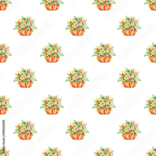 Seamless watercolor pattern with pumpkins filled with autumn flowers. Warm fall composition with botanical elements