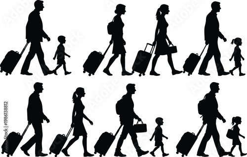 Traveler silhouettes walking with luggage, family vacation vector illustration, airport passengers design artwork, tourism journey graphic, migration concept, outdoor travel people silhouettes