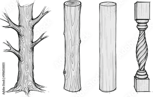 Tree trunk to spindle transformation, woodworking process illustration, natural wood shaping, carved furniture design, black vector art, craftsmanship concept