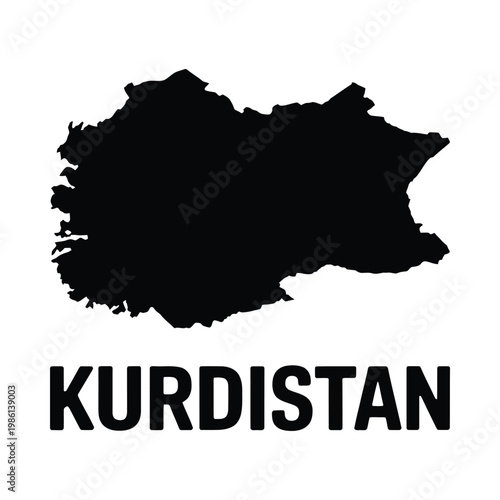 A stark black silhouette of kurdistan against a white background with the region s name below