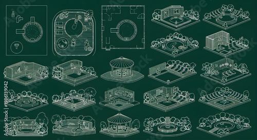 Ayurveda Wellness Spa Outdoor Zone Blueprint Icon Set with Medicine Pot and People – AutoCAD Multi View Landscape Technical Drawing White Outline on Dark Green Background