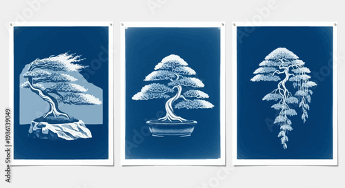 Artistic Blue Cyanotype Triptych of Bonsai Trees