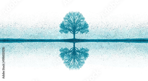 Tree reflection in water, abstract textured background, blue and white
