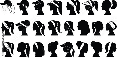 Twenty female profile silhouettes, diverse hairstyles, stylish headwear, caps and visors, elegant headbands, fashionable earrings, creative vector illustration, beauty design, modern woman symbol