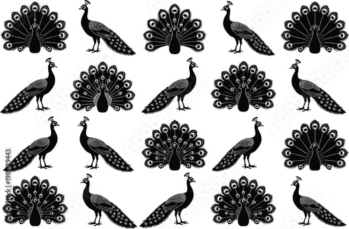 Twenty peacock silhouettes arranged in grid, tail feathers fanned or down, decorative bird illustration, visual puzzle, symmetry, observation, pattern recognition design concept