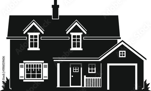 Two-story suburban house silhouette illustration, architectural details, central chimney, dormer windows, front porch railing, garage attached, bushes 