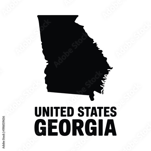 A stark black silhouette of the state of georgia is displayed above its name