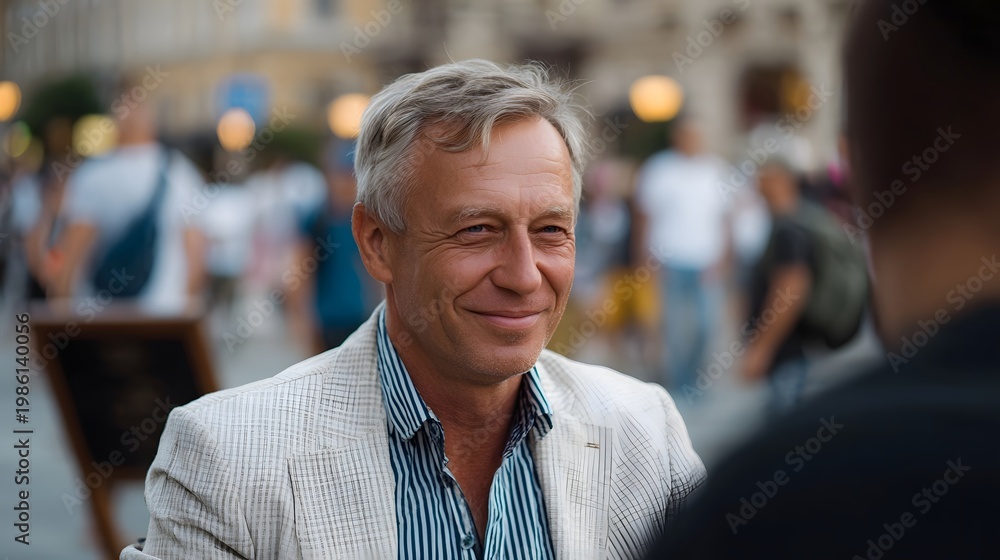 Fototapeta premium A smiling well dressed man standing in a lively urban setting surrounded by the backdrop of activity and people