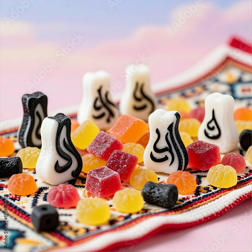 Assorted colorful gummy candies and unique white black patterned sweets scattered on traditional oriental carpet rug, conceptual studio macro photography with vibrant pink soft focus background.
