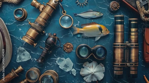 A blue table filled with various objects, providing a unique and eclectic display