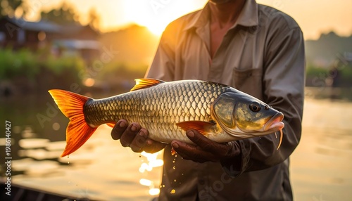 Close-up of a person holding a freshly caught fish with a vibrant orange tail. Captured during sunset. Water and trees are in the background
