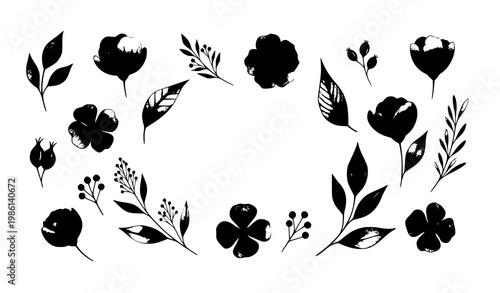 Minimal purple watercolor floral set botanical flowers with leaves illustration