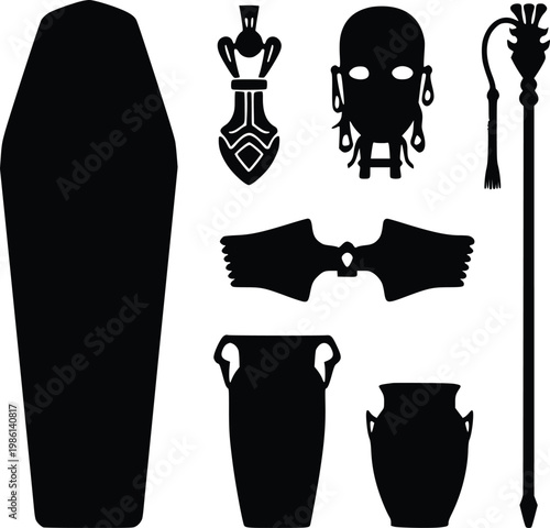 Ancient Egyptian artifacts and symbols in black silhouette style