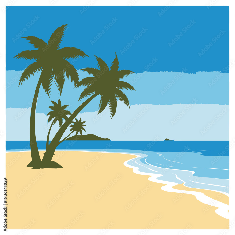 Fototapeta premium Beach scene illustration with palm trees and ocean waves under blue sky