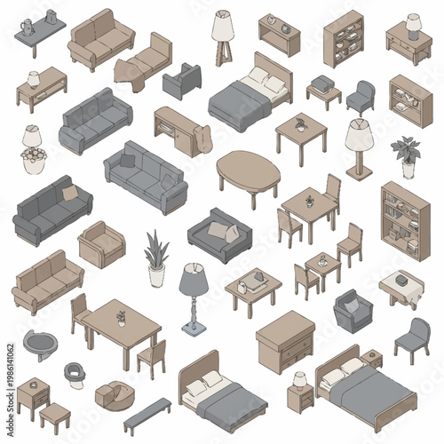 Isometric furniture collection for interior design and architecture visualization.