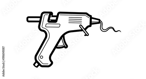 Black and white graphic illustration of a glue gun on white background