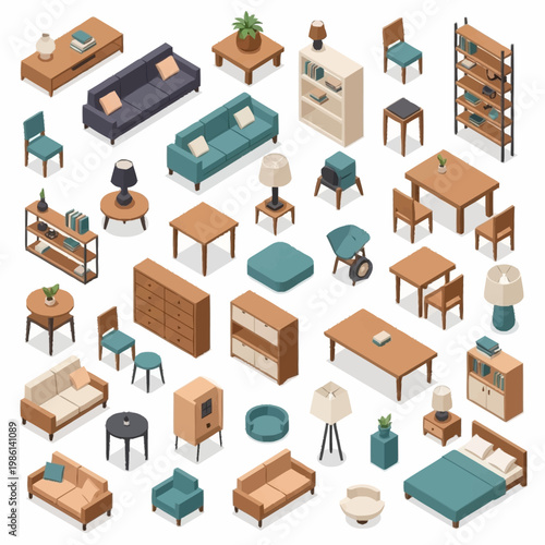 Collection of Isometric Furniture and Home Decor Items.