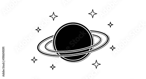Black and white graphic of a planet with rings and surrounding stars
