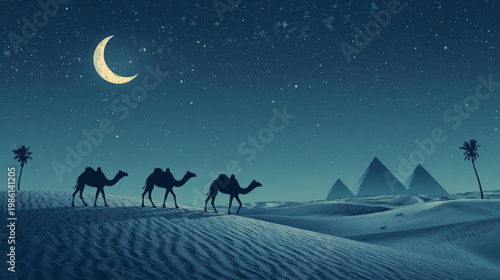 illustration silhouette of a desert scene at night. camels is crossing sand dunes. In the background, pyramids and palm trees 
