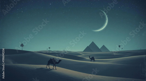 illustration silhouette of a desert scene at night. camels is crossing sand dunes. In the background, pyramids and palm trees 
