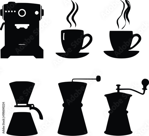 Coffee maker and coffee accessories silhouettes