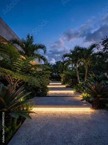 Modern concrete stairs pathway with led lighting in lush tropical garden for biophilic design and urban rewilding concept