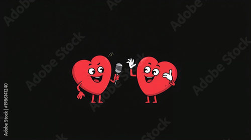 illustration of two heart characters doing an interview on black background