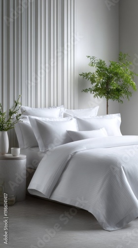 Soft white bedding enhances the calm atmosphere of the bedroom, where minimalist decor meets nature. A potted plant adds a refreshing touch beside inviting pillows and smooth linens