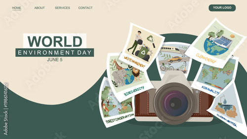 World Environment Day Banner. camera and eco-themed photo collage show sustainability topics like clean energy, biodiversity, and conservation, ideal for campaigns and web design. Vector illustration