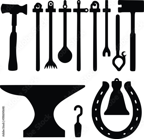 Black silhouettes of blacksmith tools and equipment