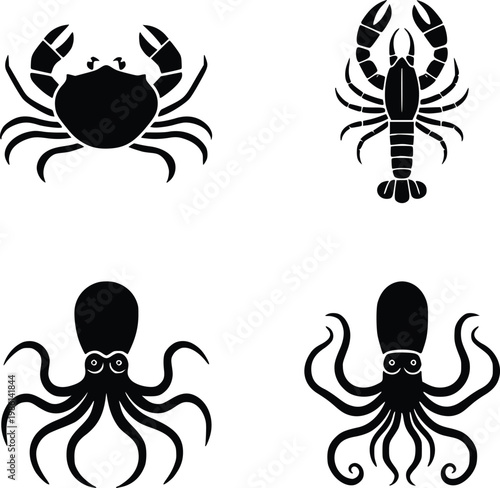 Seafood icons crab lobster octopus squid black silhouettes