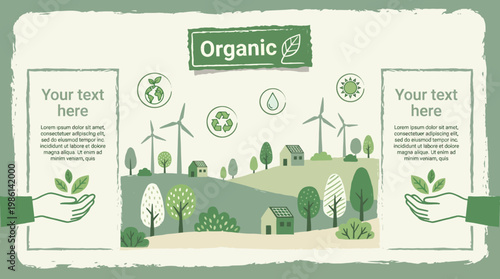 Illustrated organic farming banner featuring sustainable crops, wind turbines, and a green countryside for eco-friendly branding and farm marketing.