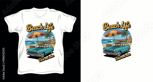 Beach life tides and vibes retro station wagon on shore with palm tree graphic vector art t-shirt design print template.