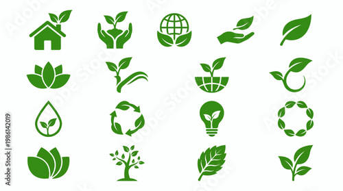 Collection of green eco icons featuring leaves, plants, water drops, recycling symbols, globe and light bulbs for sustainability and environmentally friendly design.