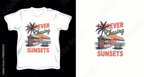Forever chasing sunsets retro beach shack with palm tree and ocean view graphic vector art t-shirt design print template.