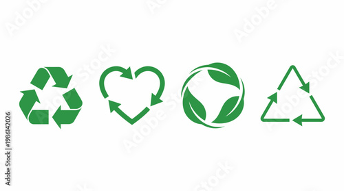 Set of green eco icons showing recycling symbols, circular economy concepts, and sustainable waste management graphics.
