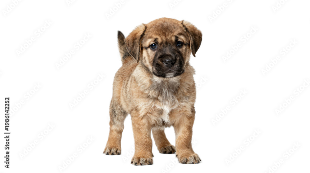 Obraz premium Small brown and white dog is standing on a white background. The dog has a cute and innocent expression on its face