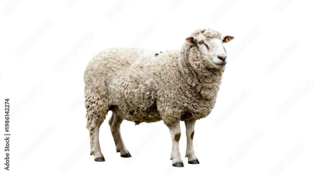 Fototapeta premium White sheep stands alone on a white background. The sheep is shaggy and has a tag on its ear