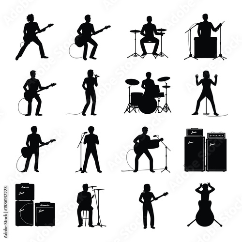 Set of 16 Rock Band Musician and Instrument Silhouettes Vector